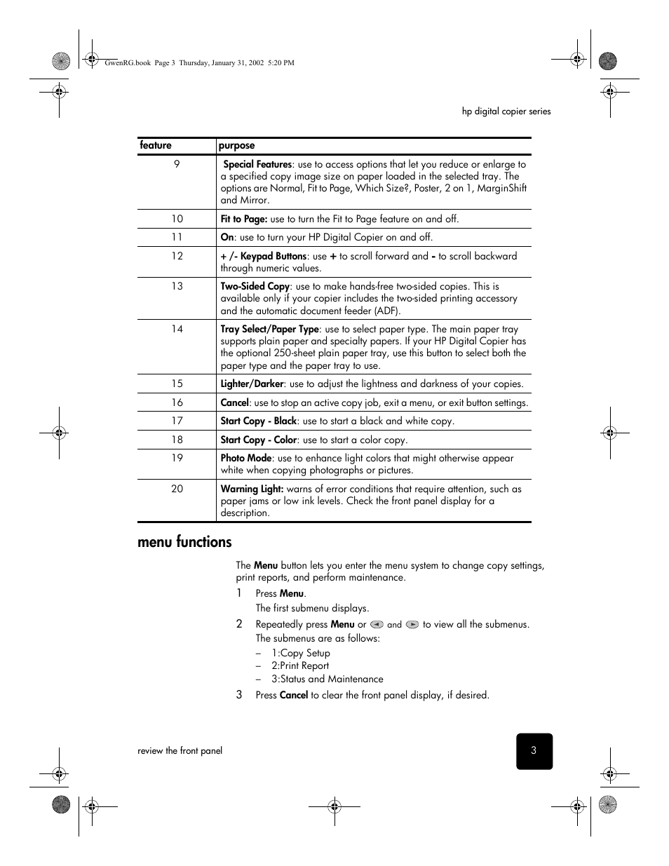 Menu functions | HP 610 User Manual | Page 9 / 102