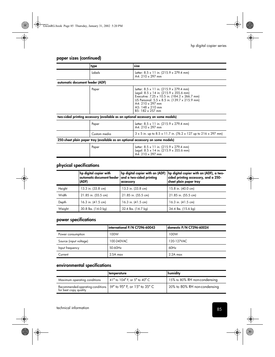 Paper sizes (continued), Phycical specifications, Power specifications | Environmental specifications | HP 610 User Manual | Page 91 / 102