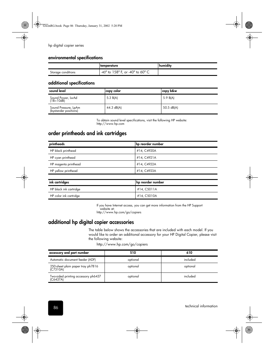 Additional specifications, Order printheads and ink cartridges, Additional hpdigital copier accessories | Additional hp digital copier accessories, Environmental specifications | HP 610 User Manual | Page 92 / 102