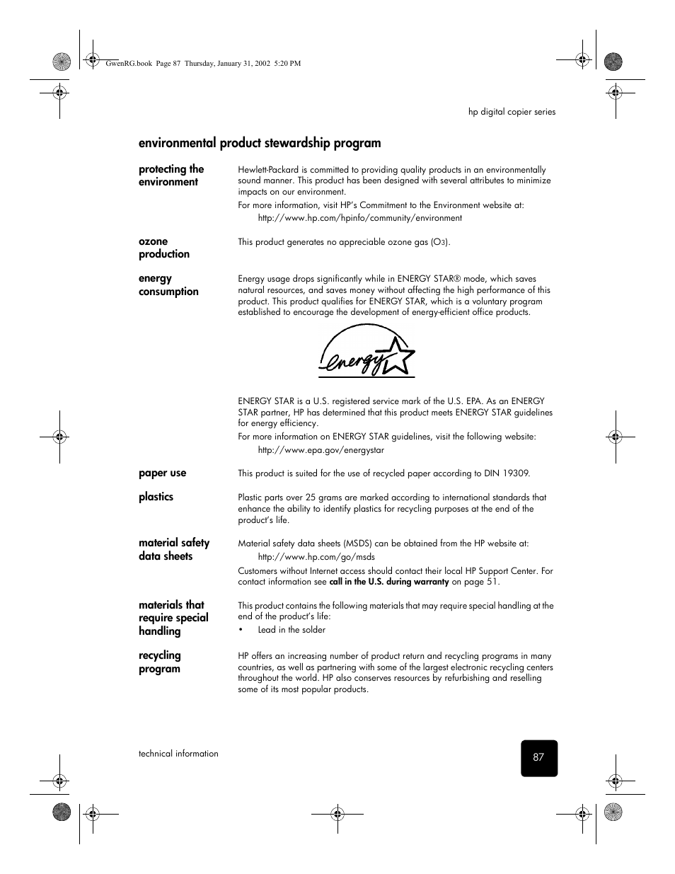 Environmental product stewardship program, Protecting the environment, Ozone production | Energy consumption, Paper use, Plastics, Material safety data sheets, Materials that require special handling, Recycling program | HP 610 User Manual | Page 93 / 102