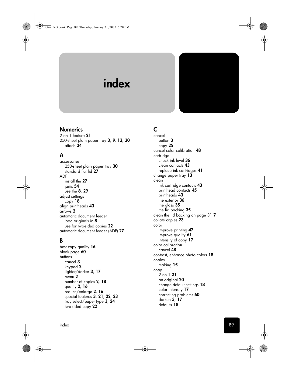 Index, Numerics | HP 610 User Manual | Page 95 / 102