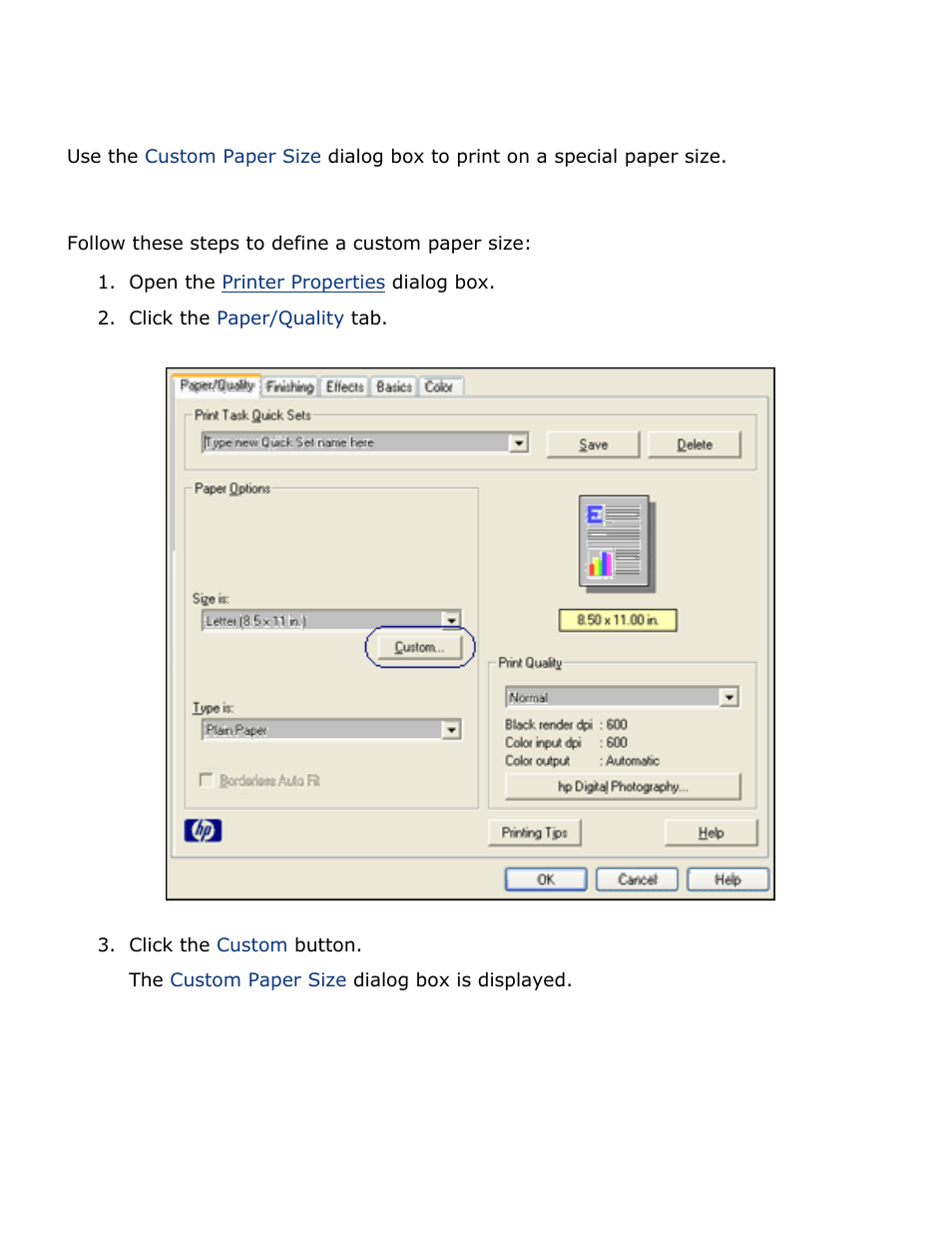 Setting a custom paper size | HP 2 User Manual | Page 26 / 113