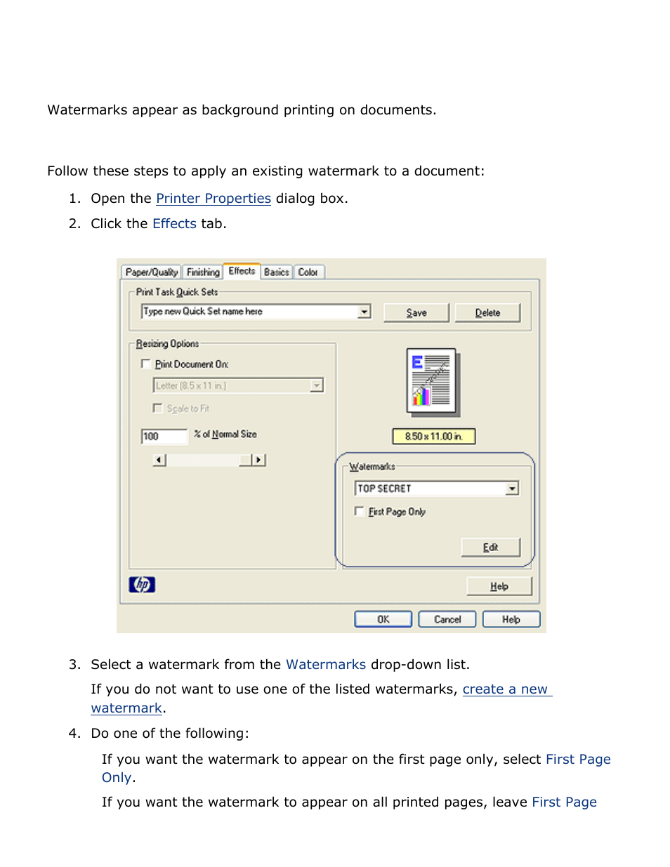 Watermarks, Applying an existing watermark to a document | HP 2 User Manual | Page 39 / 113