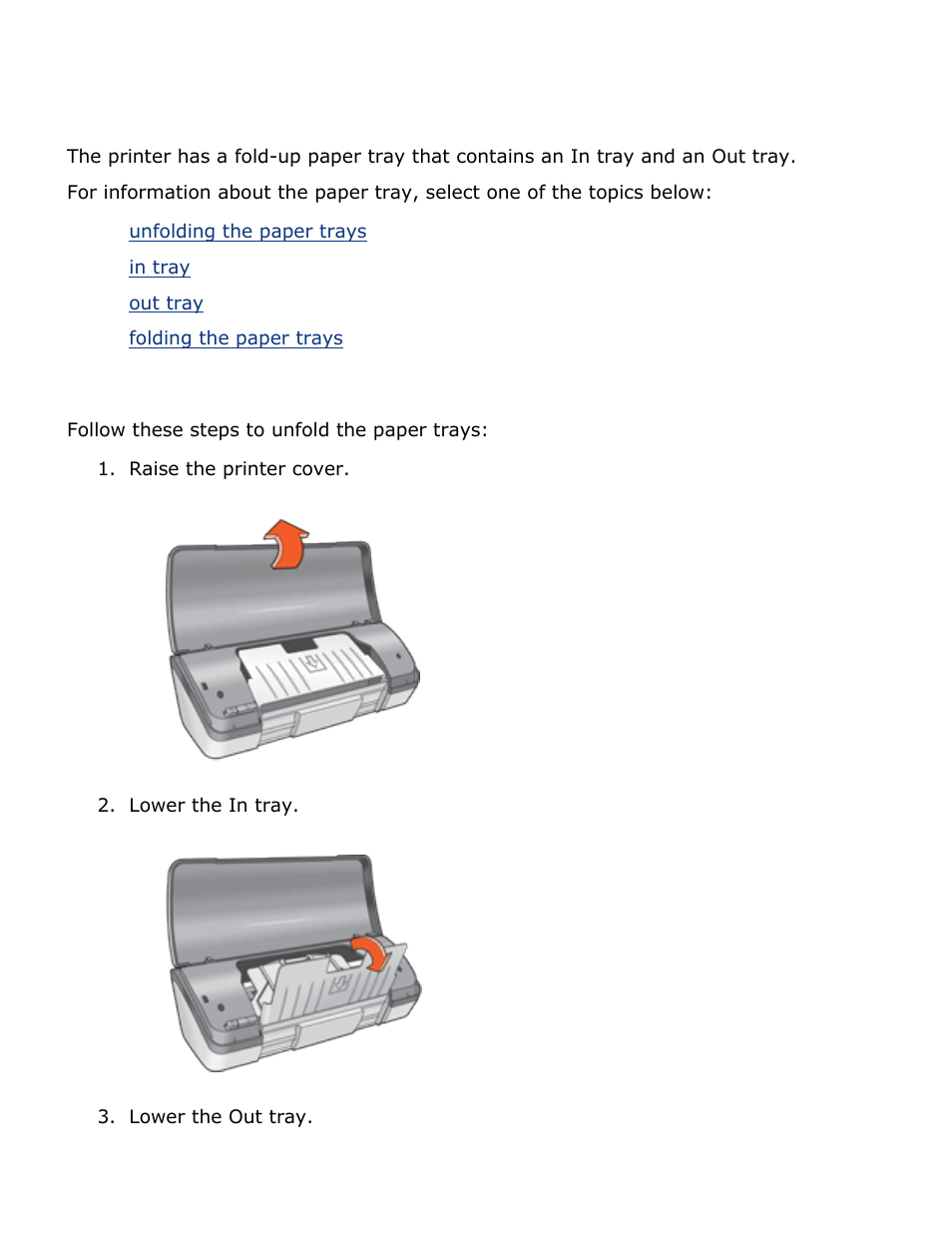 Paper trays, Unfolding the paper trays | HP 2 User Manual | Page 55 / 113