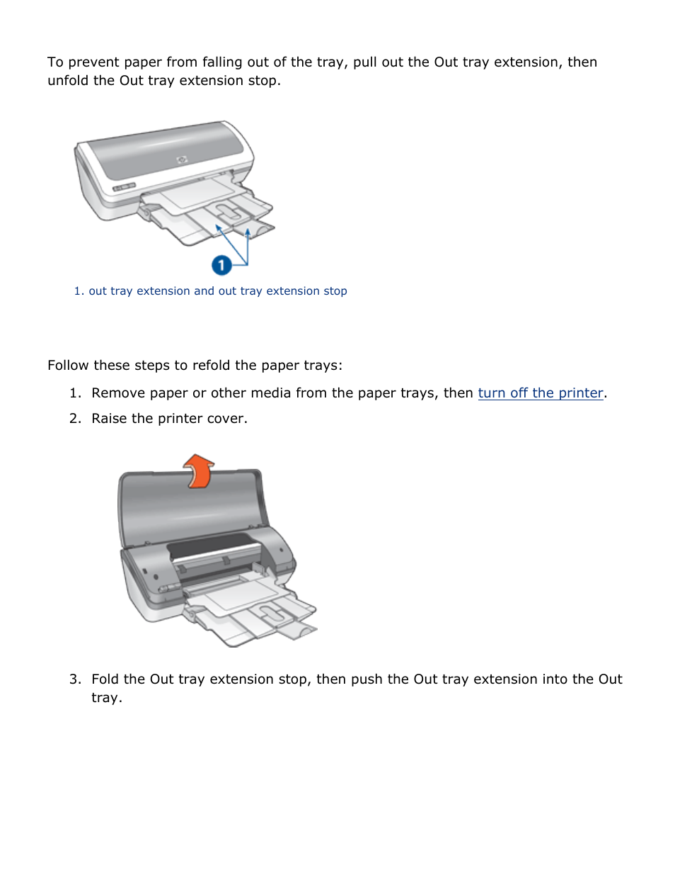 Out tray, Folding the paper trays | HP 2 User Manual | Page 58 / 113