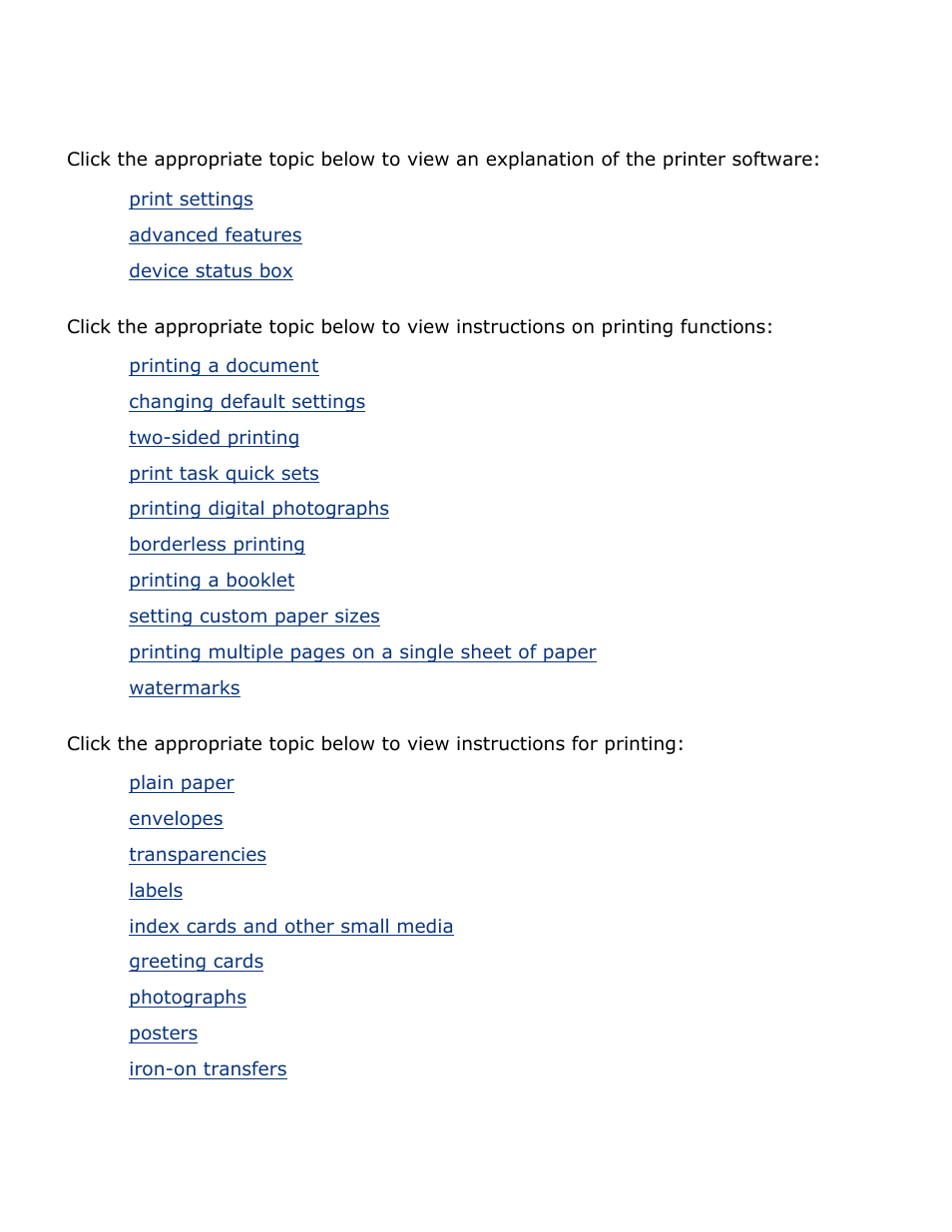 Printing, Print settings, Advanced features | Printing a document, Changing default settings, Two-sided printing, Print task quick sets, Printing digital photographs, Borderless printing, Printing a booklet | HP 2 User Manual | Page 64 / 113