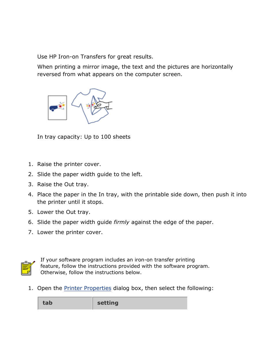 Iron-on transfers, Guidelines, Preparing to print | Printing | HP 2 User Manual | Page 86 / 113