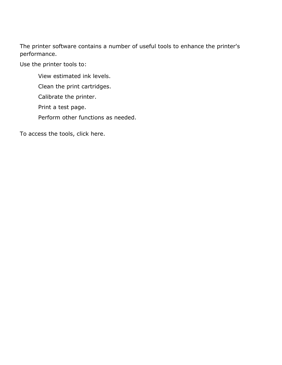Printer tools, View estimated ink levels, Clean the print cartridges | Calibrate the printer, Print a test page | HP 2 User Manual | Page 95 / 113