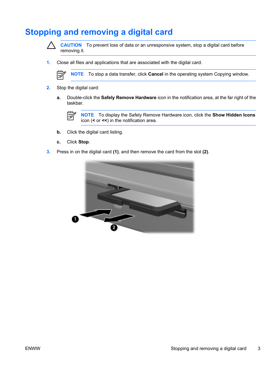 Stopping and removing a digital card | HP Camera Accessories User Manual | Page 7 / 12