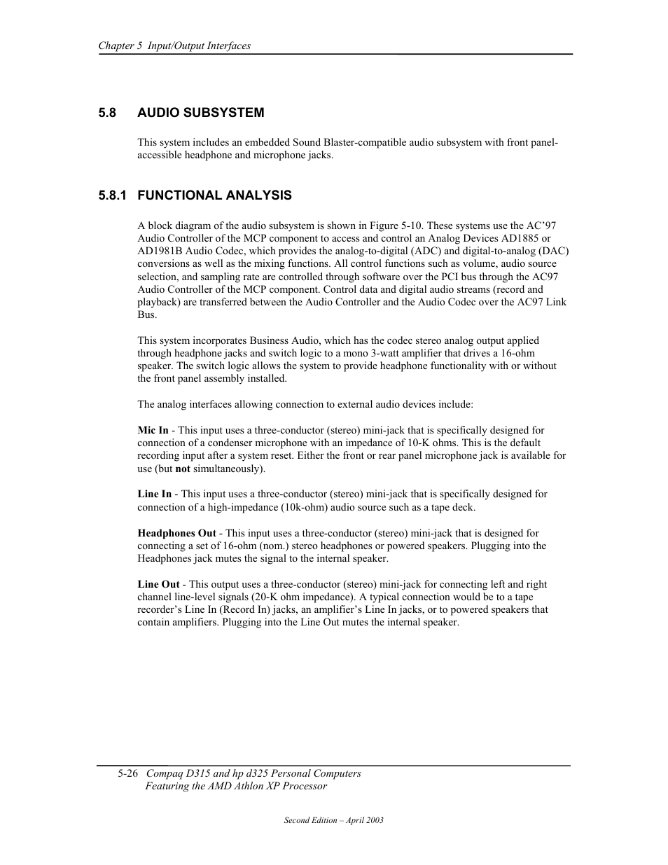 Audio subsystem, Functional analysis | HP D315 User Manual | Page 108 / 192