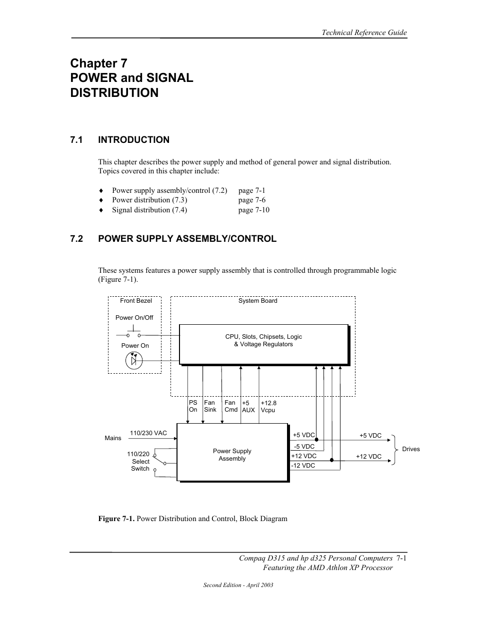 Chapter 7 power supply and distribution, Introduction, Power supply assembly/control | Chapter 7 power and signal distribution, 1 introduction, 2 power supply assembly/control | HP D315 User Manual | Page 125 / 192