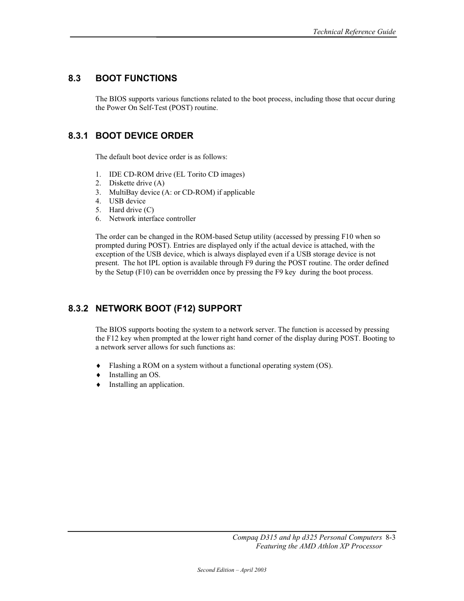 Boot functions, Boot device order, Network boot (f12) support | HP D315 User Manual | Page 137 / 192
