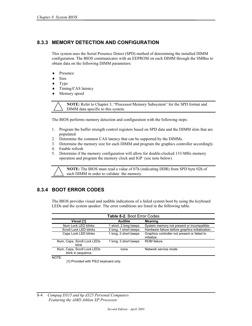 Memory detection and configuration, Boot error codes, 4 boot error codes | HP D315 User Manual | Page 138 / 192