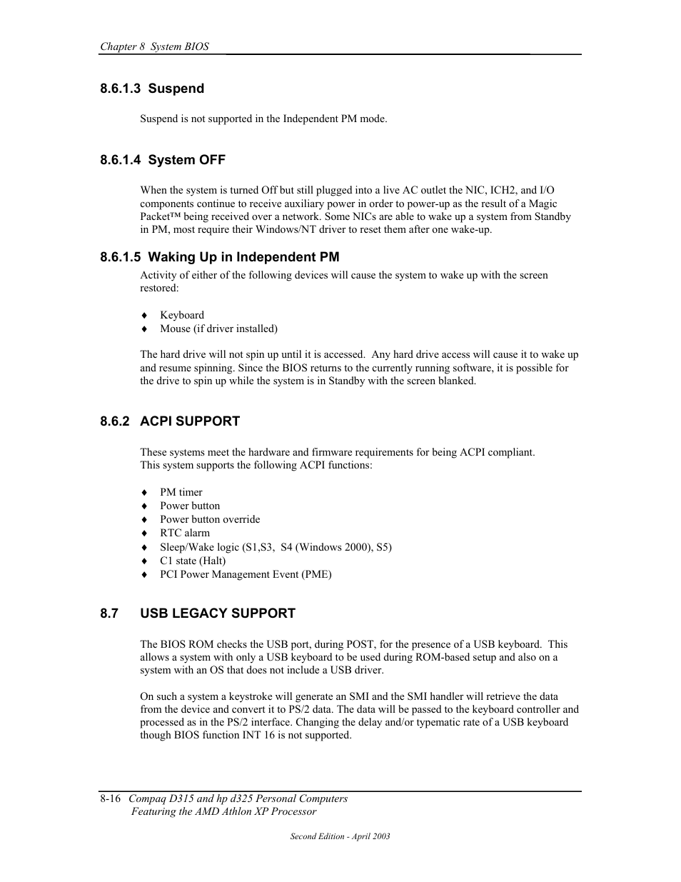 Suspend, System off, Waking up in independent pm | Acpi support, Usb legacy support | HP D315 User Manual | Page 150 / 192