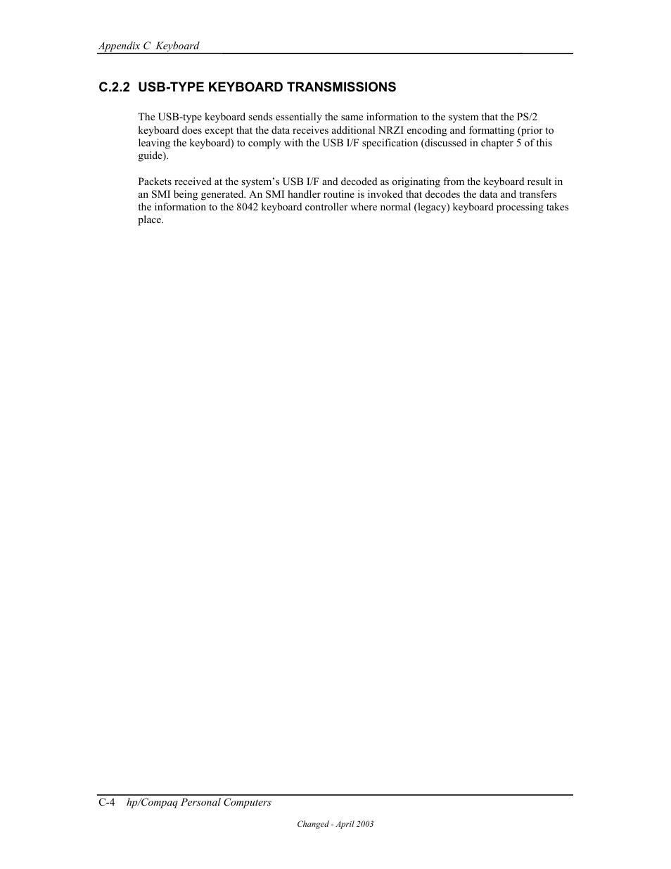 Usb-type keyboard transmissions, C.2.2 usb-type keyboard transmissions | HP D315 User Manual | Page 168 / 192