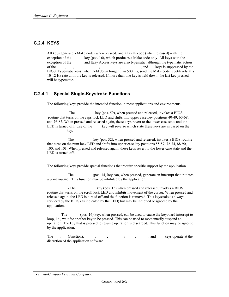 Keys, Special single-keystroke functions | HP D315 User Manual | Page 172 / 192