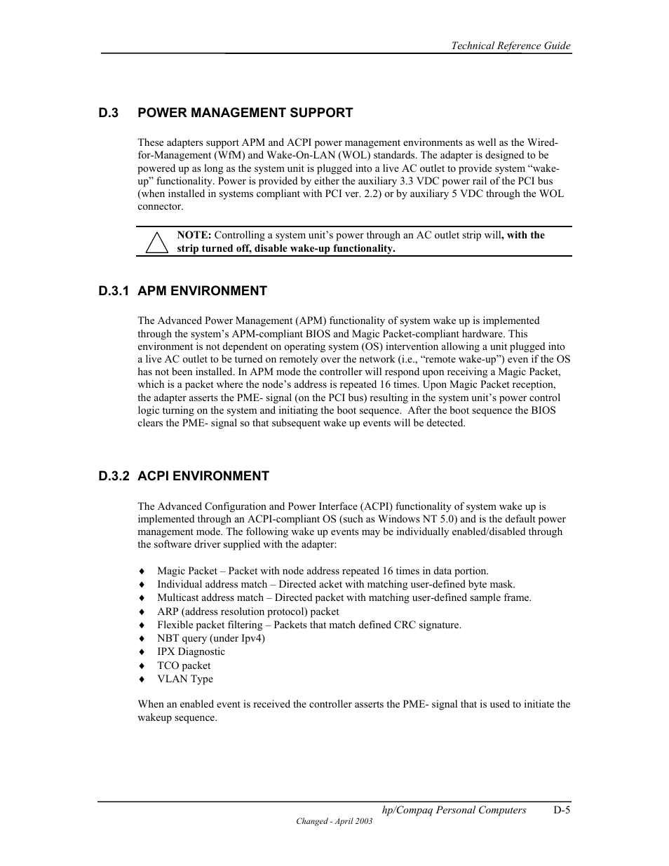 Power management support, Apm environment, Acpi environment | HP D315 User Manual | Page 185 / 192
