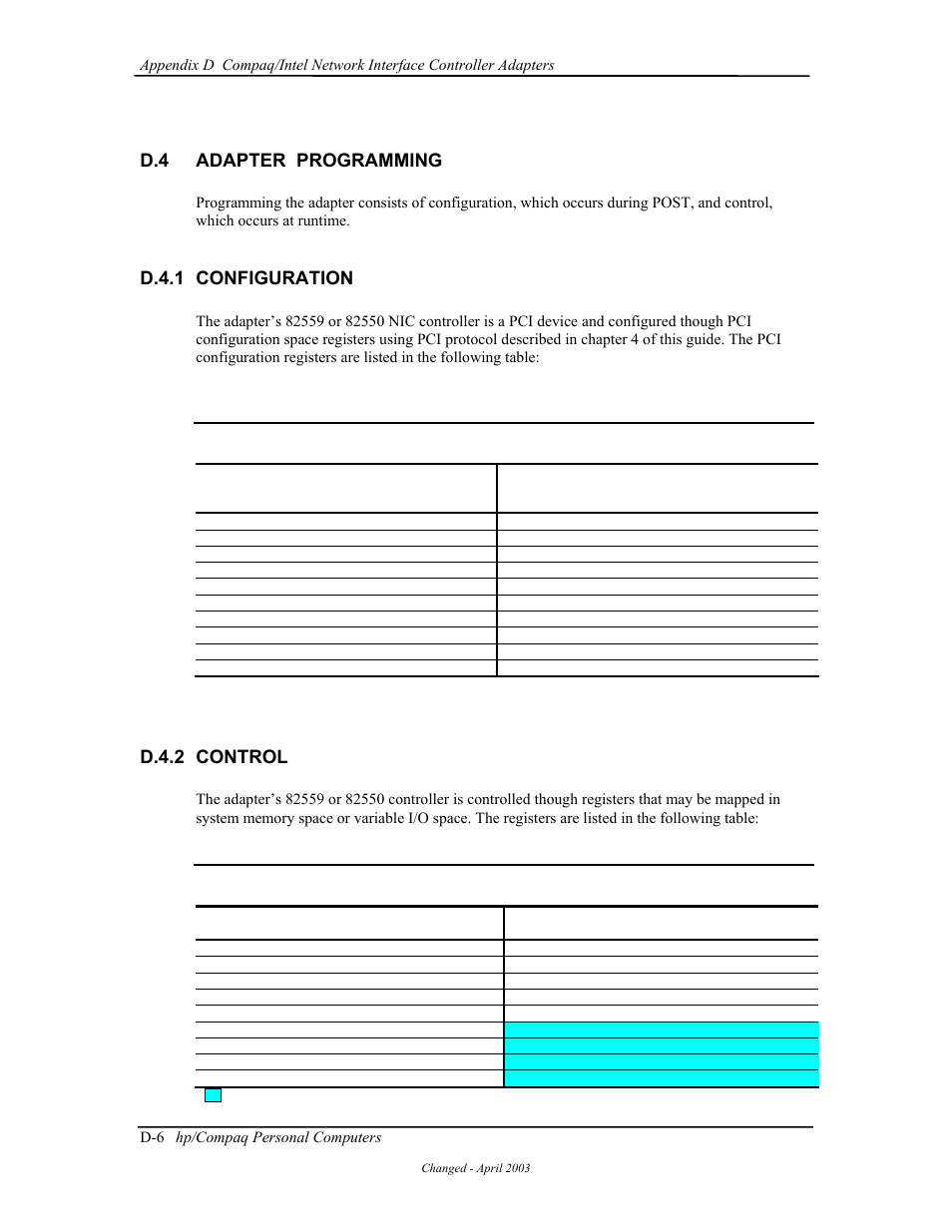 Adapter programming, Configuration, Control | D.4 adapter programming, D.4.1 configuration, D.4.2 control | HP D315 User Manual | Page 186 / 192