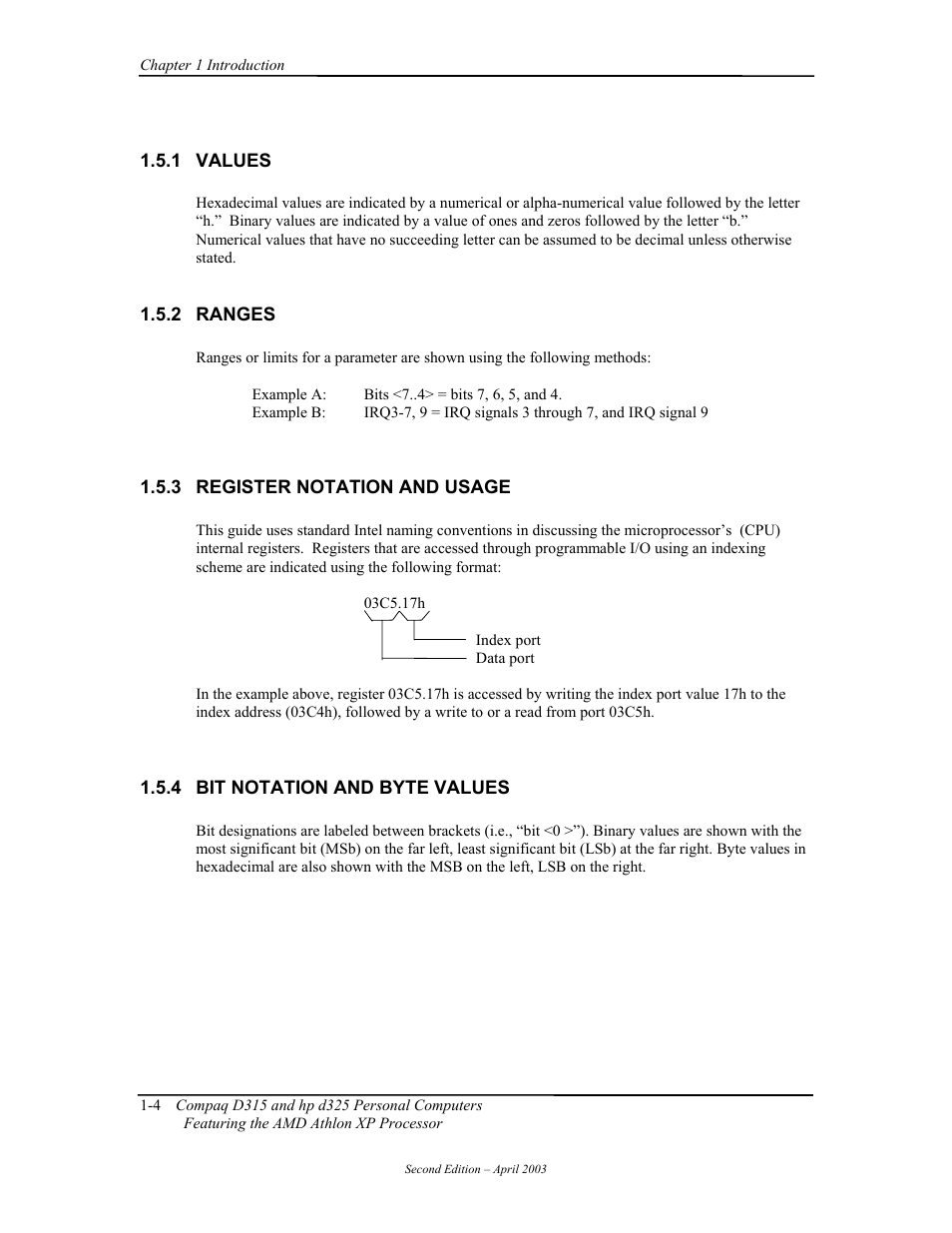 Values, Ranges, Register notation and usage | Bit notation and byte values | HP D315 User Manual | Page 20 / 192