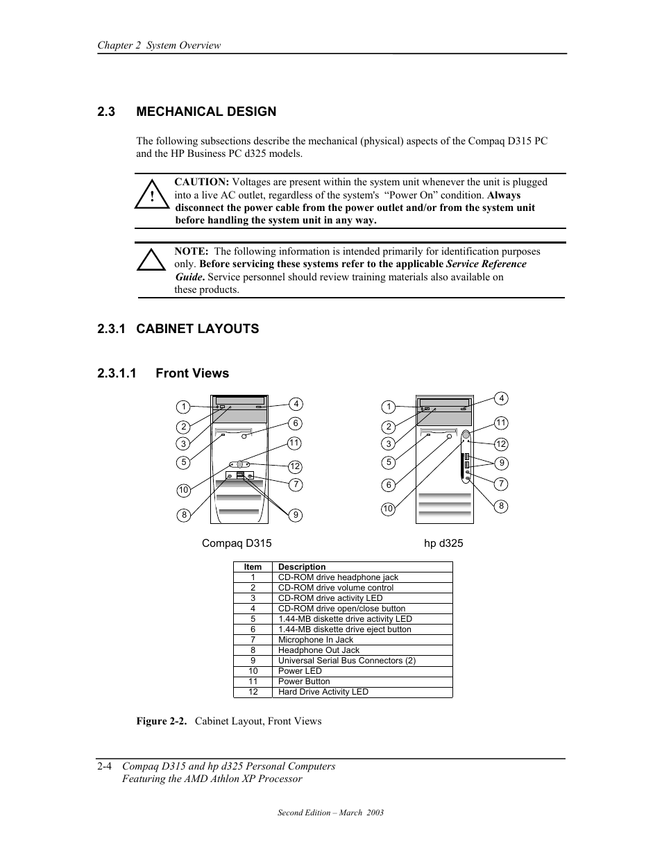 Mechanical design, Cabinet layouts, Front views | 3 mechanical design, 1 cabinet layouts, 1 front views | HP D315 User Manual | Page 30 / 192