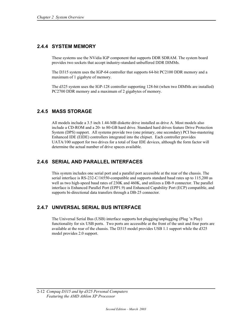 System memory, Mass storage, Serial and parallel interfaces | Universal serial bus interface | HP D315 User Manual | Page 38 / 192