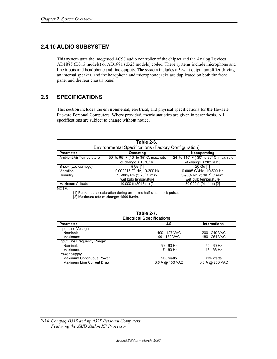 Audio subsystem, Specifications, 10 audio subsystem | 5 specifications | HP D315 User Manual | Page 40 / 192