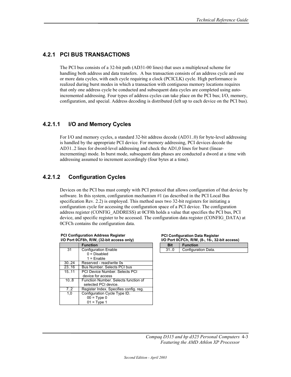 Pci bus transactions, I/o and memory cycles, Configuration cycles | 1 pci bus transactions, 2 configuration cycles | HP D315 User Manual | Page 53 / 192