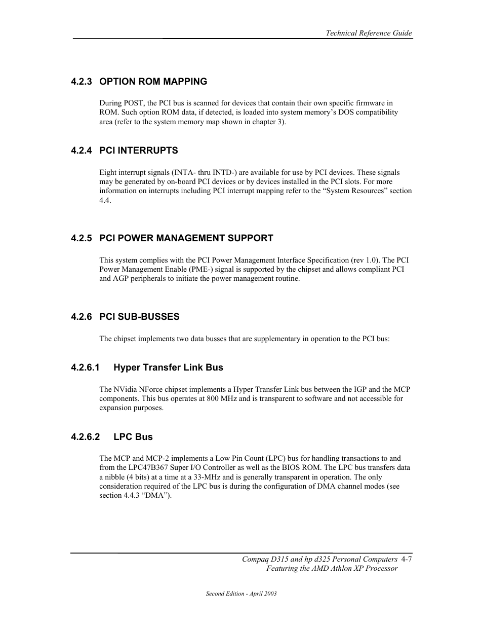 Option rom mapping, Pci interrupts, Pci power management support | Pci sub-busses, Hyper transfer link bus, Lpc bus | HP D315 User Manual | Page 57 / 192
