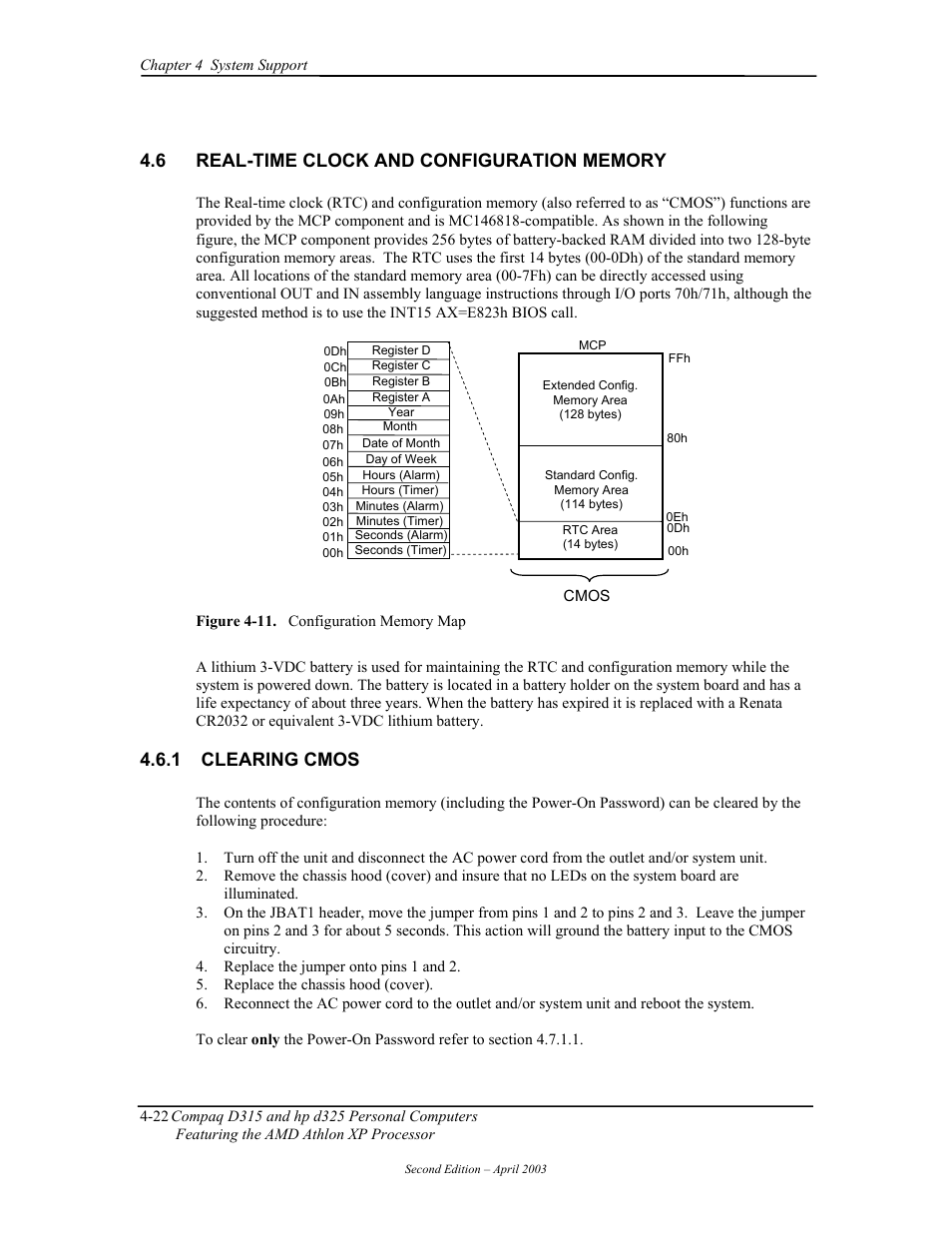 Real-time clock and configuration memory, Clearing cmos, 1 clearing cmos | HP D315 User Manual | Page 72 / 192