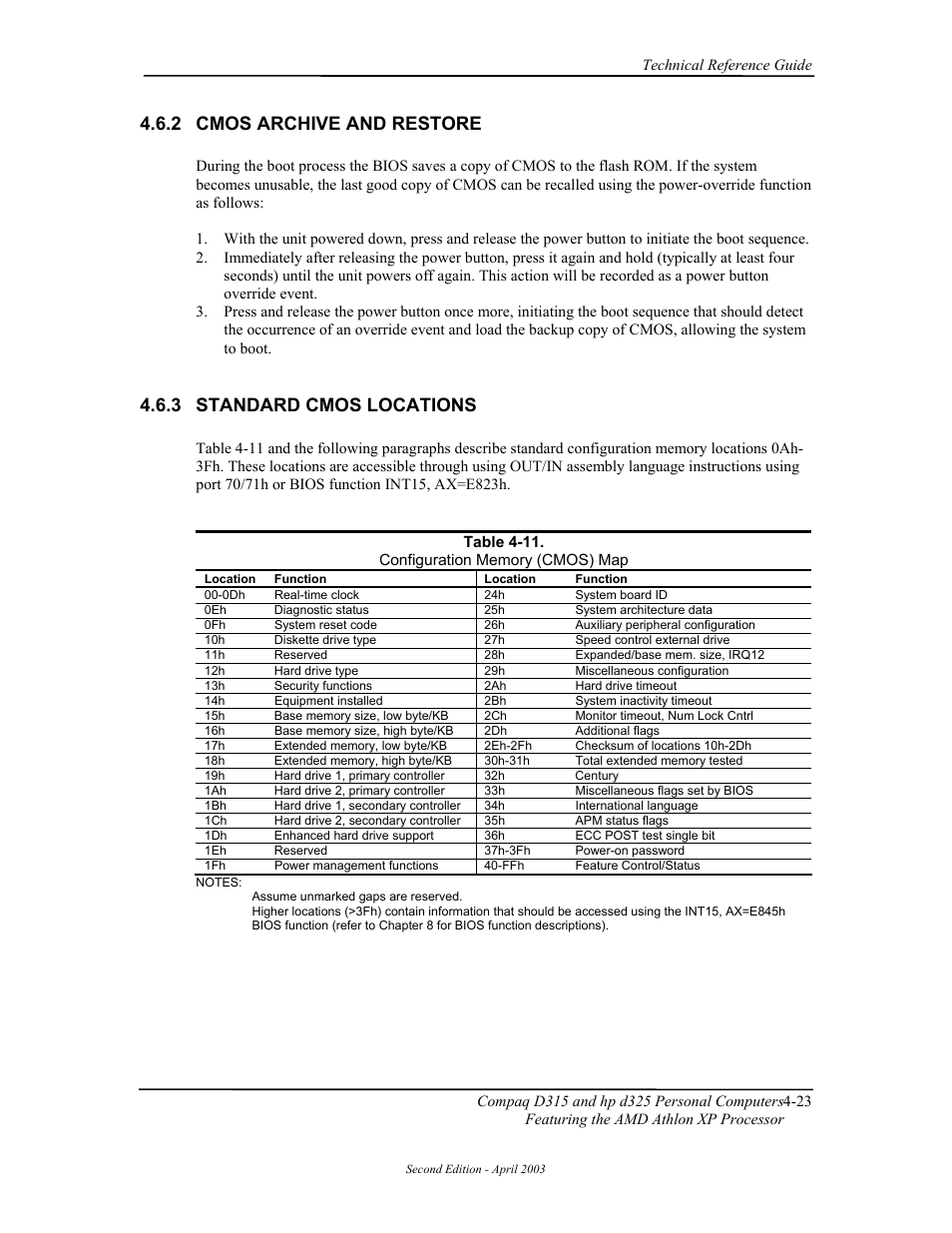 Cmos archive and restore, Standard cmos locations, 2 cmos archive and restore | 3 standard cmos locations | HP D315 User Manual | Page 73 / 192