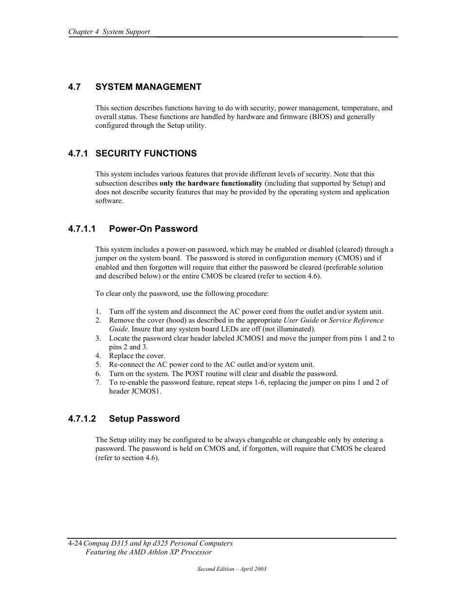 System management, Security functions, Power-on password | Setup password | HP D315 User Manual | Page 74 / 192