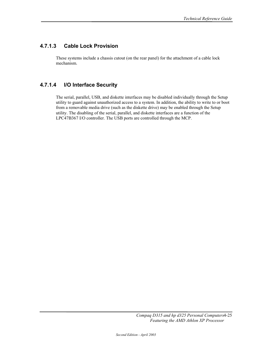 Cable lock provision, I/o interface security | HP D315 User Manual | Page 75 / 192