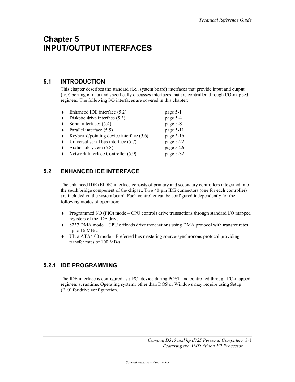 Chapter 5 input/output interfaces, Introduction, Enhanced ide interface | Ide programming | HP D315 User Manual | Page 83 / 192