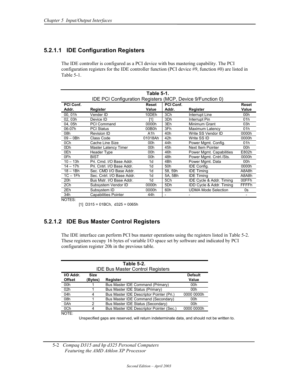 Ide configuration registers, Ide bus master control registers, 1 ide configuration registers | 2 ide bus master control registers | HP D315 User Manual | Page 84 / 192