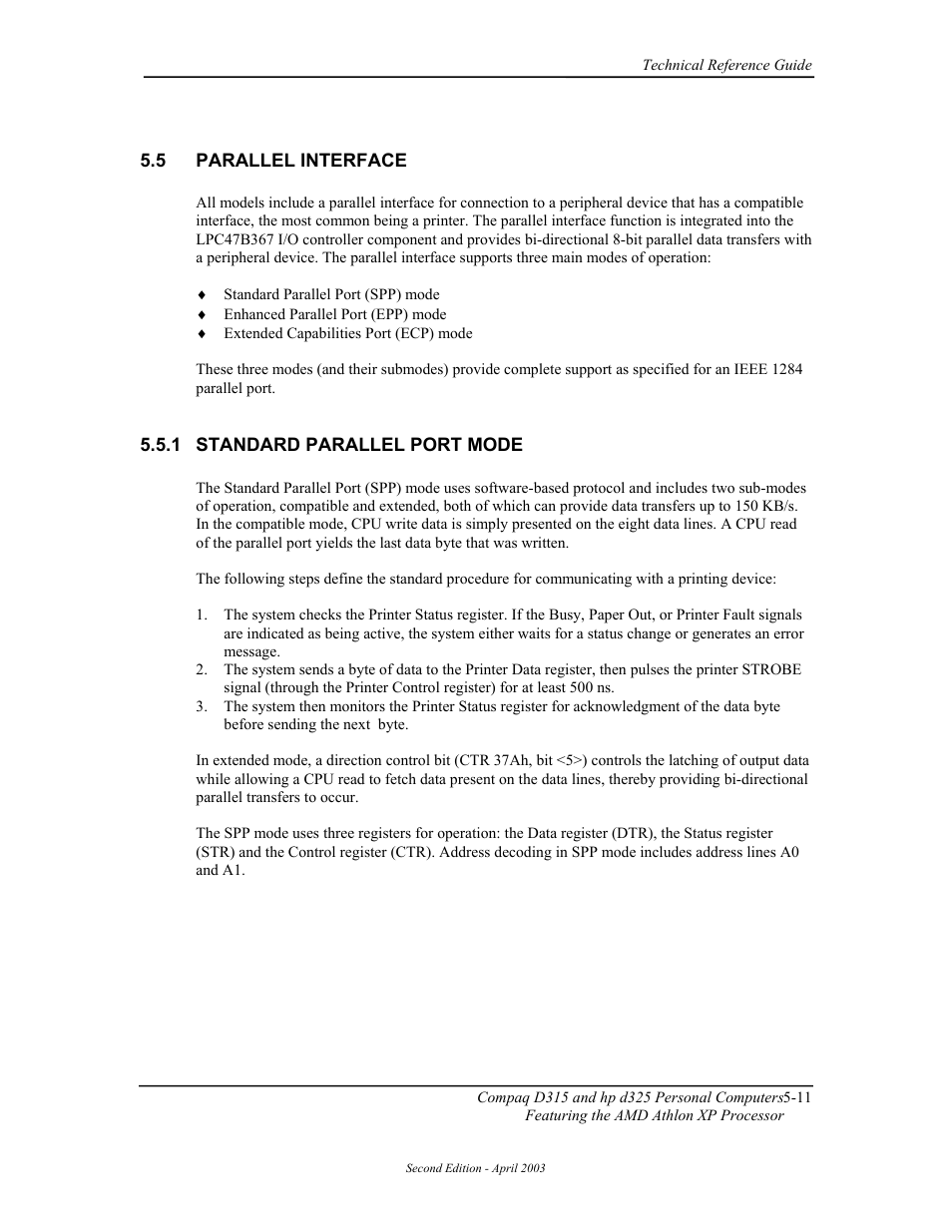 Parallel interface, Standard parallel port mode | HP D315 User Manual | Page 93 / 192