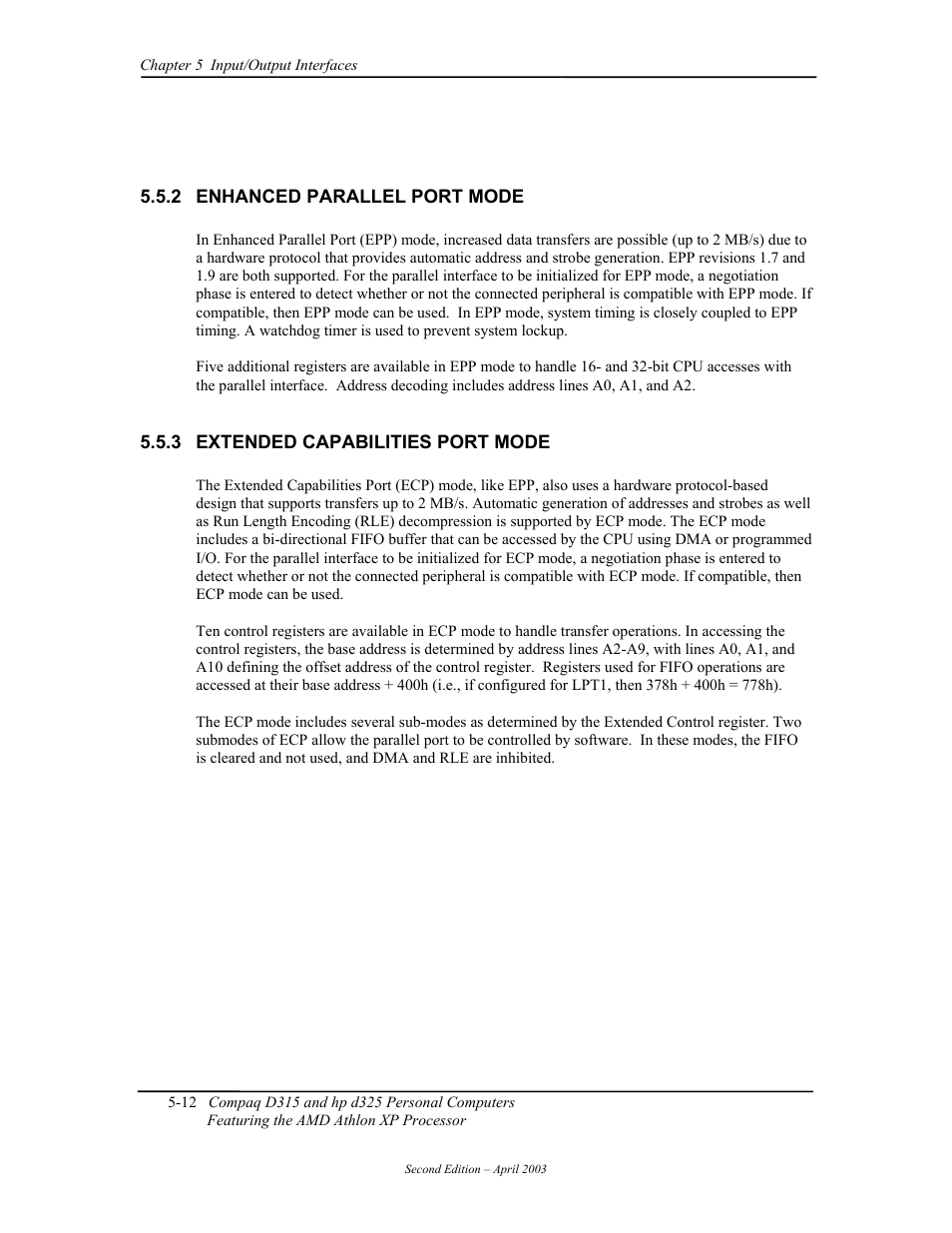 Enhanced parallel port mode, Extended capabilities port mode | HP D315 User Manual | Page 94 / 192