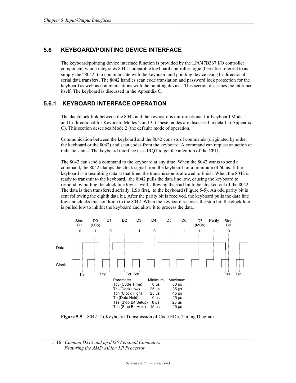 Keyboard/pointing device interface, Keyboard interface operation, 6 keyboard/pointing device interface | 1 keyboard interface operation | HP D315 User Manual | Page 98 / 192