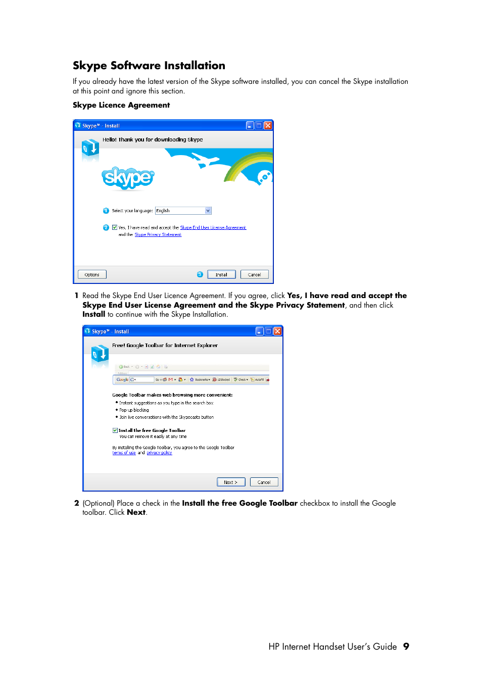 Skype software installation | HP Internet Handset User Manual | Page 13 / 28