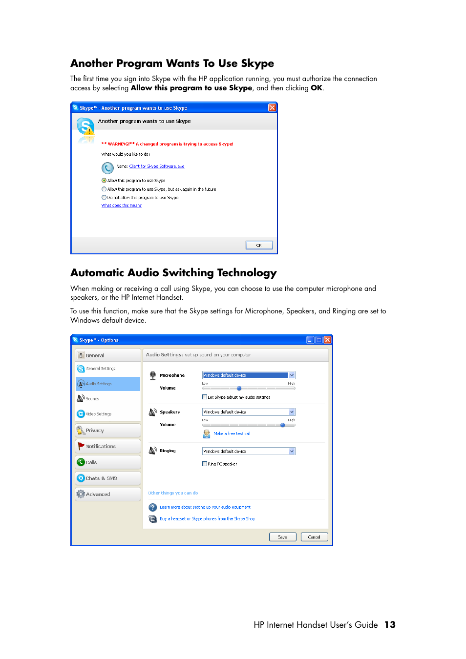 Another program wants to use skype, Automatic audio switching technology | HP Internet Handset User Manual | Page 17 / 28