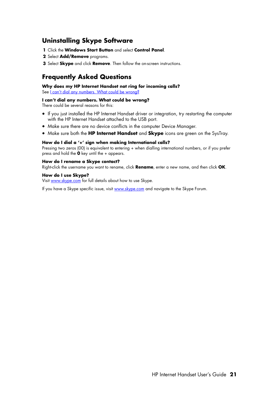 Uninstalling skype software, Frequently asked questions | HP Internet Handset User Manual | Page 25 / 28