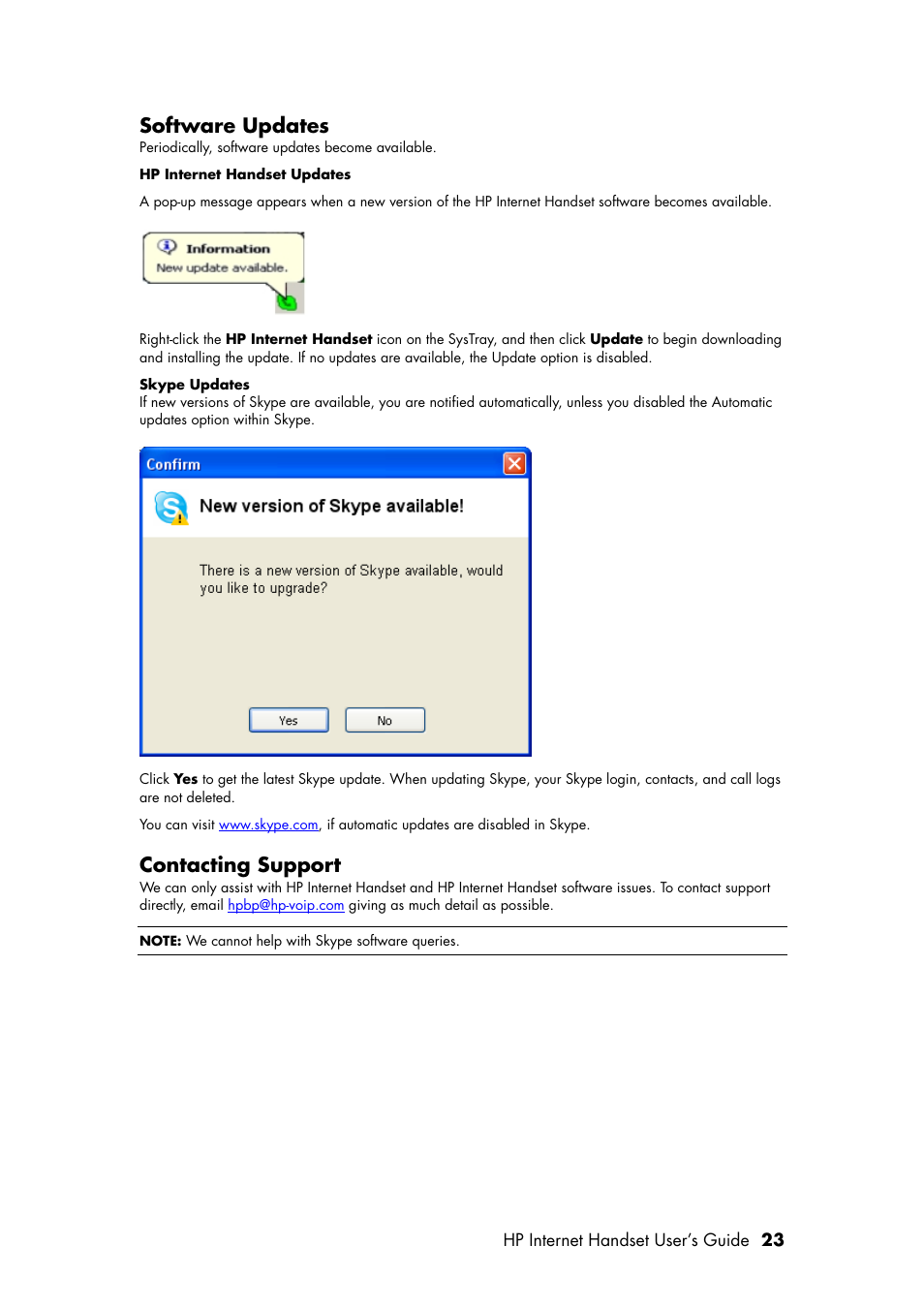 Software updates, Contacting support | HP Internet Handset User Manual | Page 27 / 28