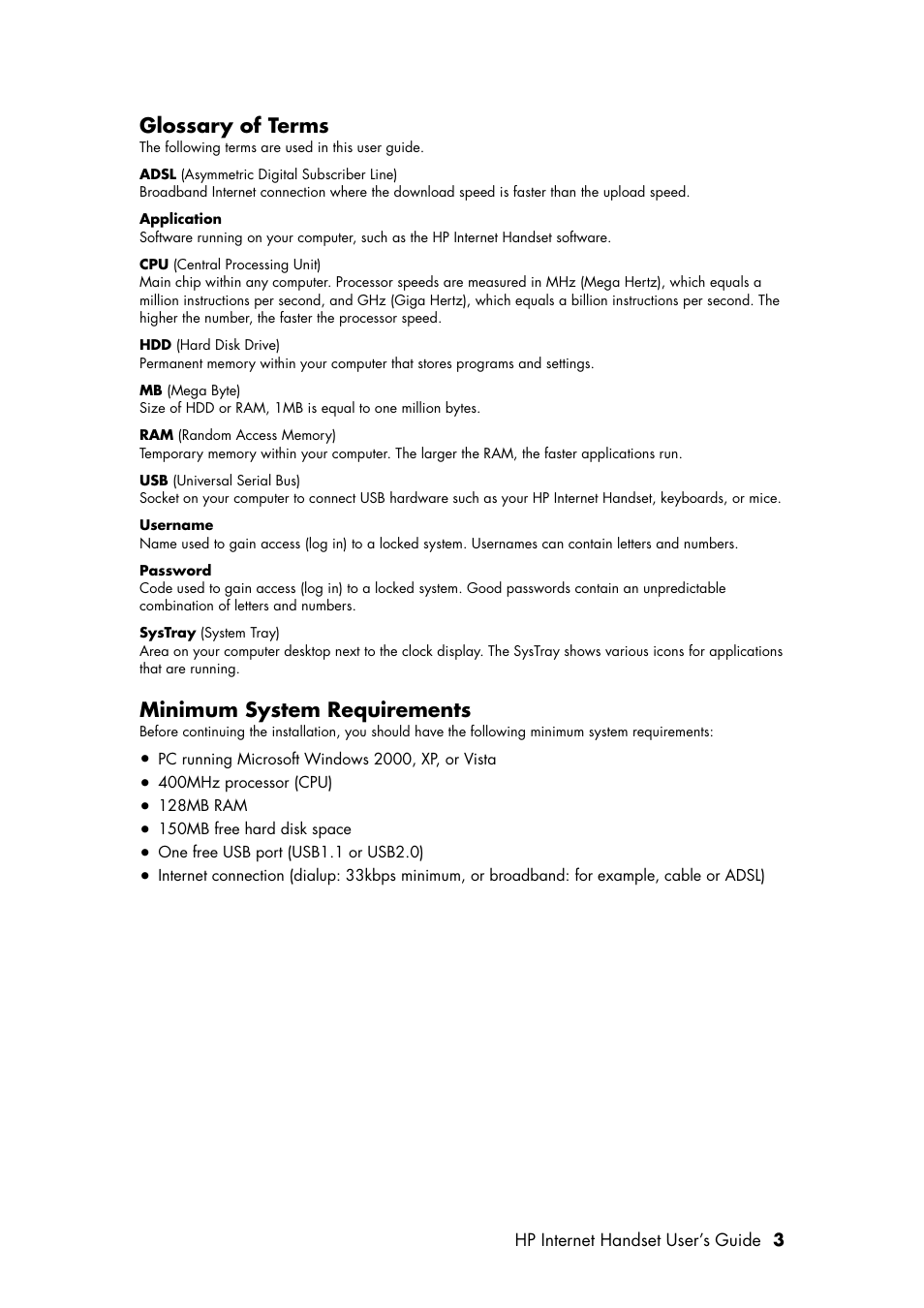 Glossary of terms, Minimum system requirements | HP Internet Handset User Manual | Page 7 / 28