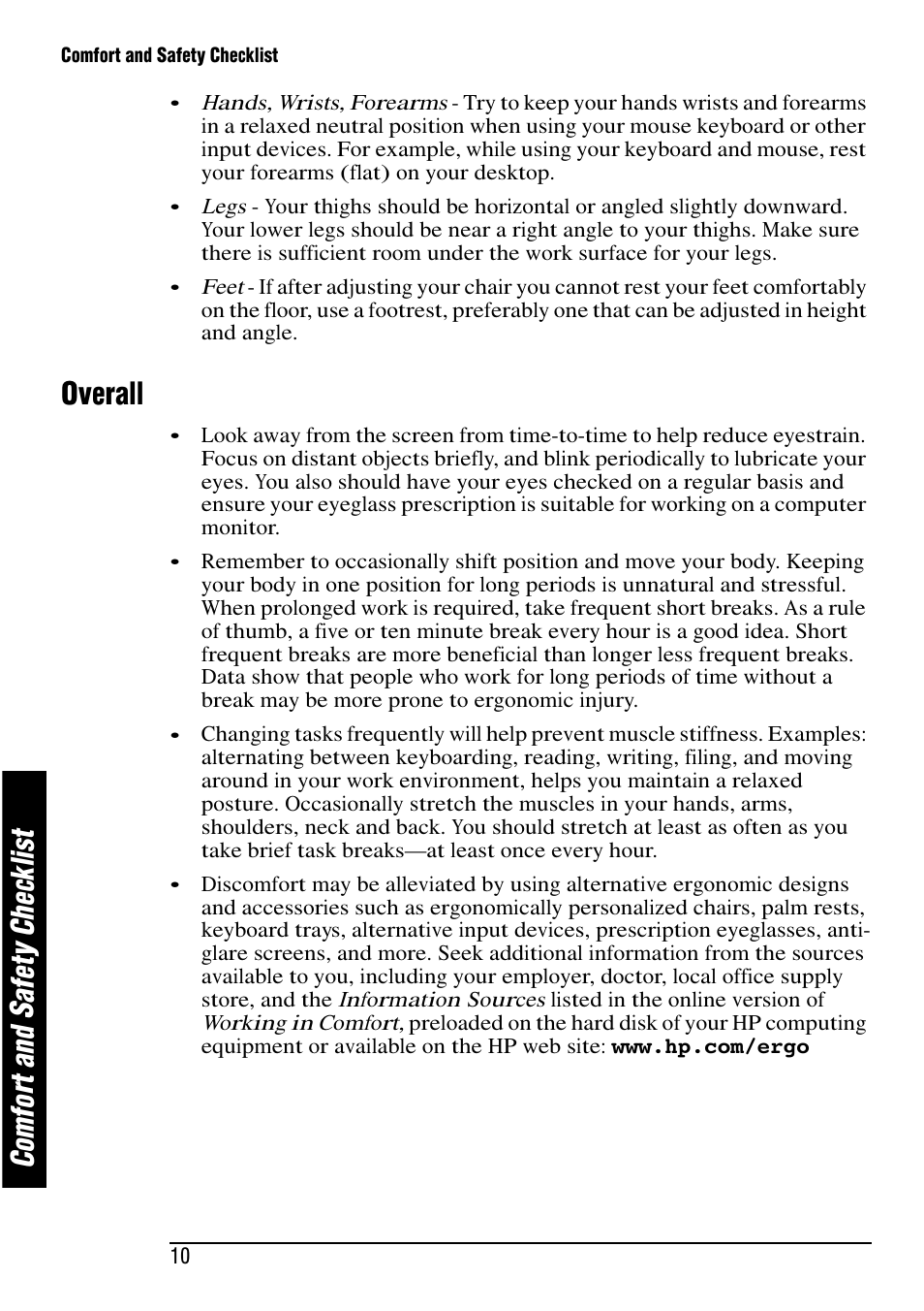 Co m fo rt a nd s af et y ch ec kl is t, Overall | HP e-Vectra User Manual | Page 10 / 30