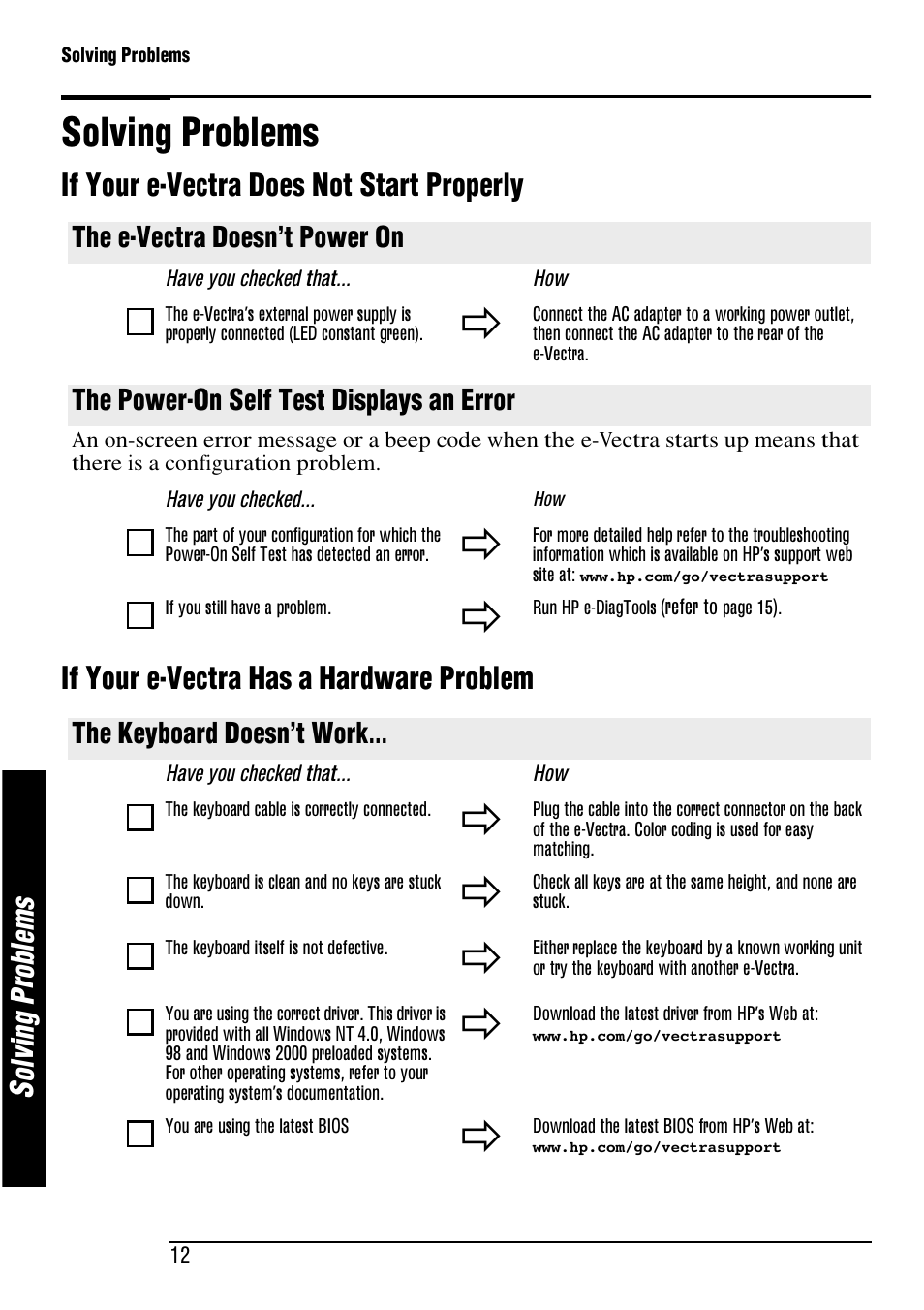 Solving problems, So lv in g pr ob le m s | HP e-Vectra User Manual | Page 12 / 30