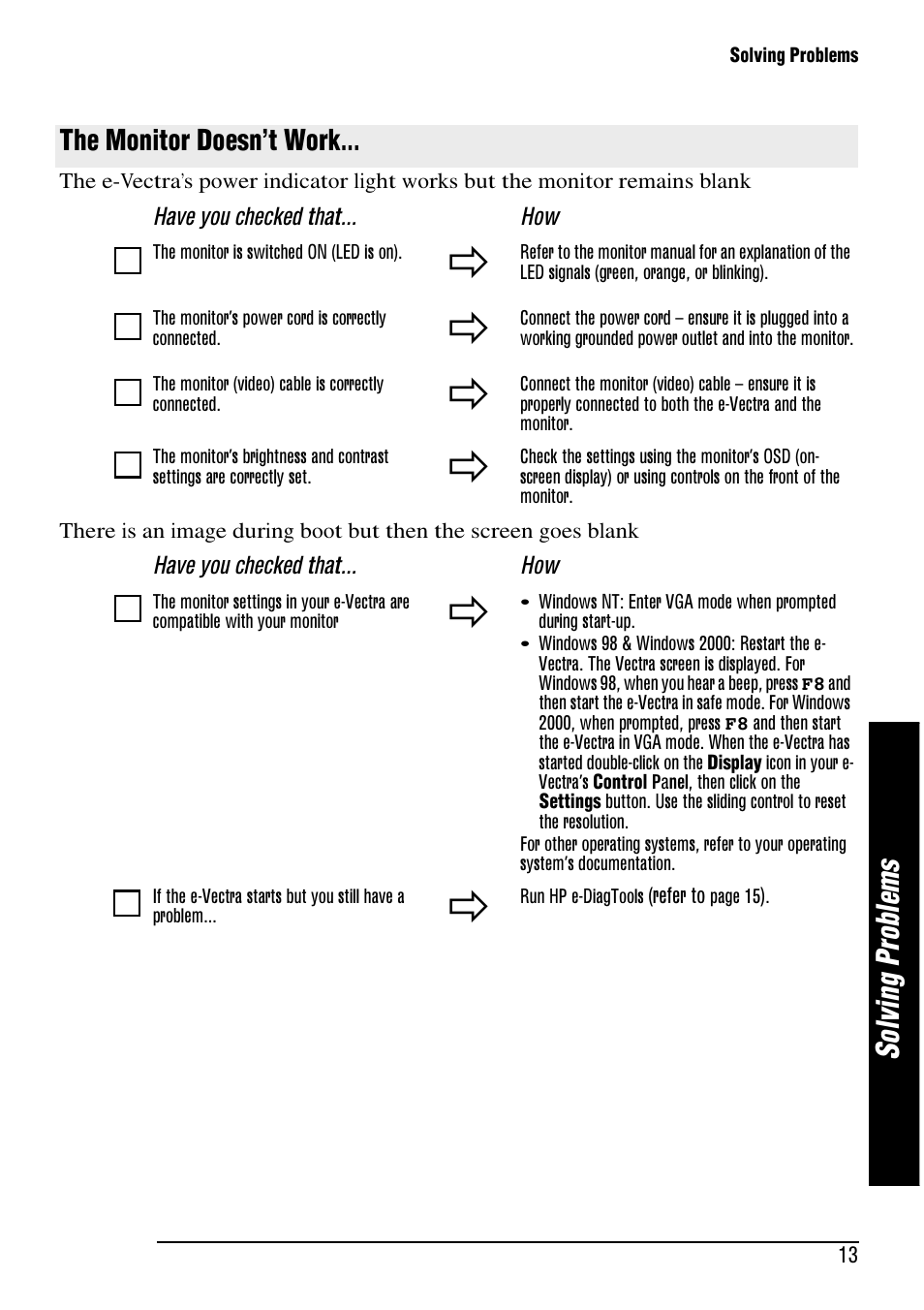 So lv in g pr ob le m s, The monitor doesn’t work | HP e-Vectra User Manual | Page 13 / 30