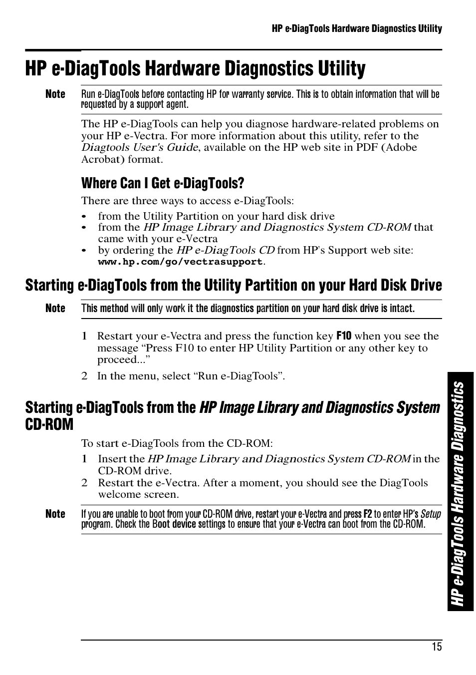 Hp e-diagtools hardware diagnostics utility, Hp e -d ia gt oo ls h ar dw ar e di ag no st ic s, Hp image library and diagnostics system | Starting e-diagtools from the, Cd-rom | HP e-Vectra User Manual | Page 15 / 30
