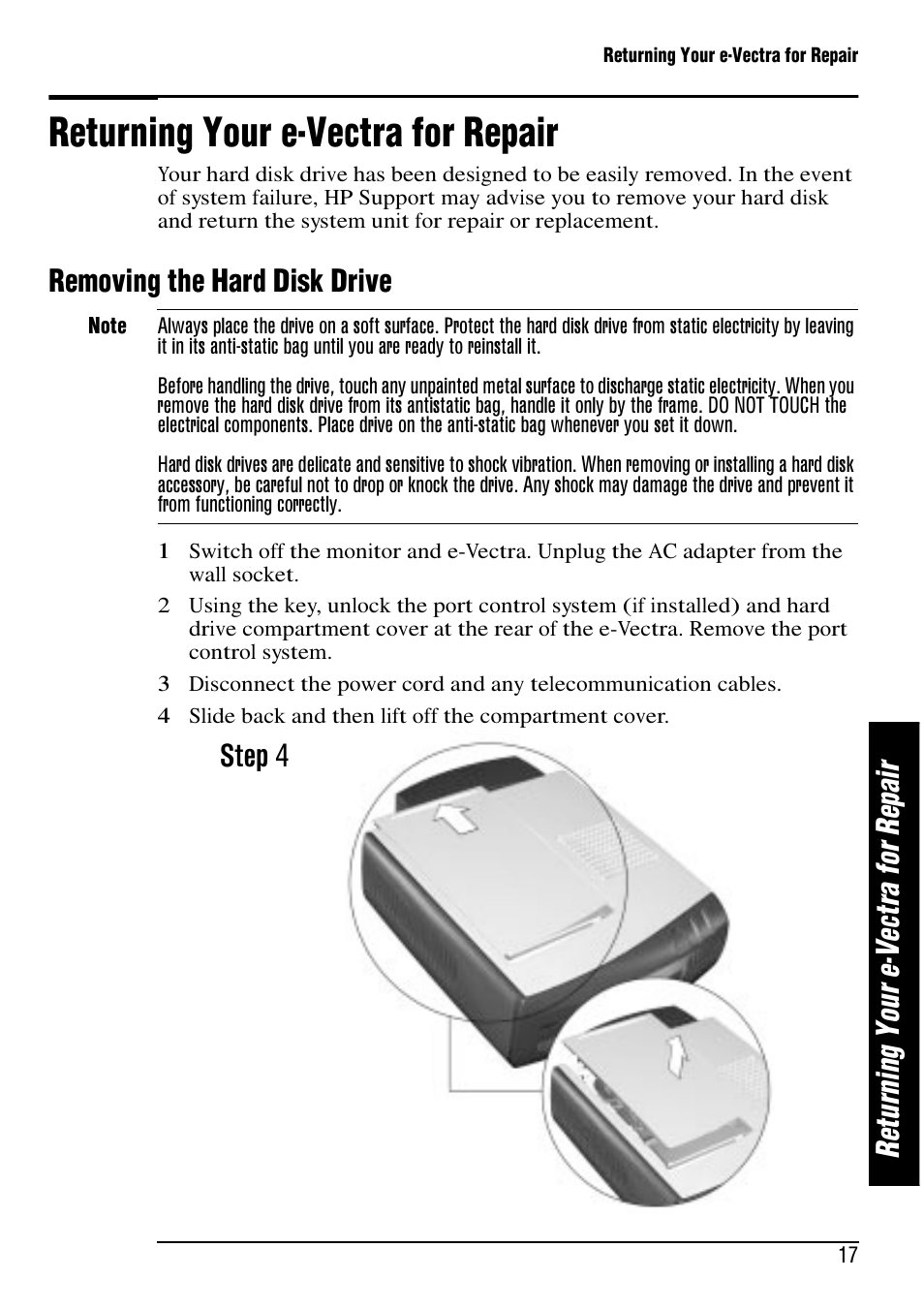 Returning your e-vectra for repair, Re tu rn in g yo ur e -v ec tr a fo r r ep ai r, Removing the hard disk drive | Step 4 | HP e-Vectra User Manual | Page 17 / 30