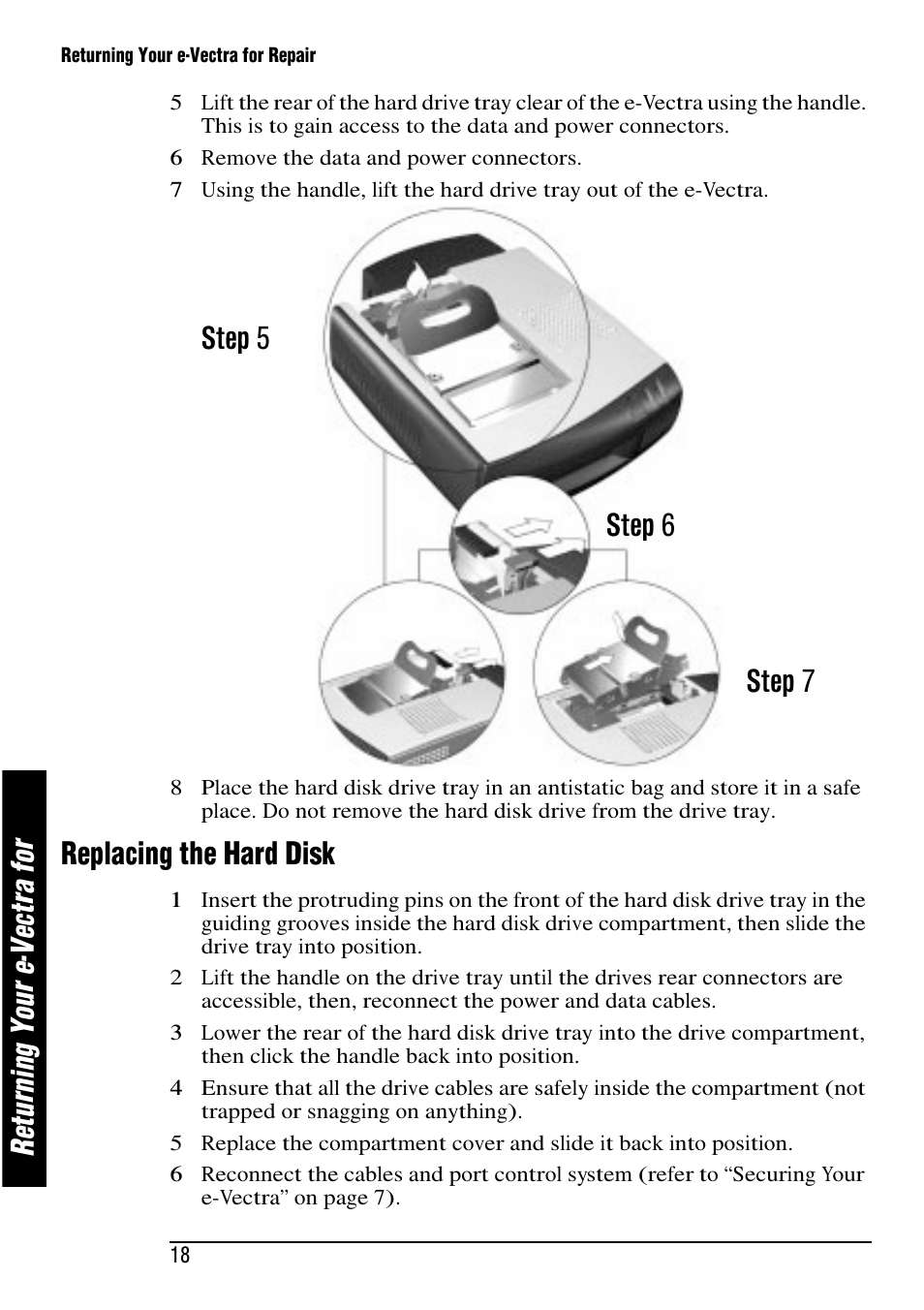 Re tu rn in g yo ur e -v ec tr a fo r, Replacing the hard disk, Step 5 step 6 step 7 | HP e-Vectra User Manual | Page 18 / 30