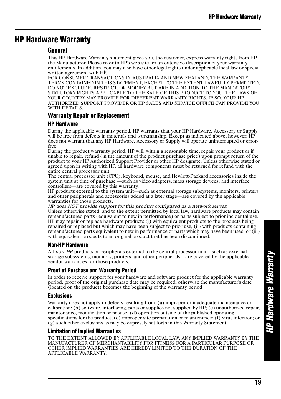 Hp h ar dw ar e w ar ra nt y, Hp hardware warranty | HP e-Vectra User Manual | Page 19 / 30