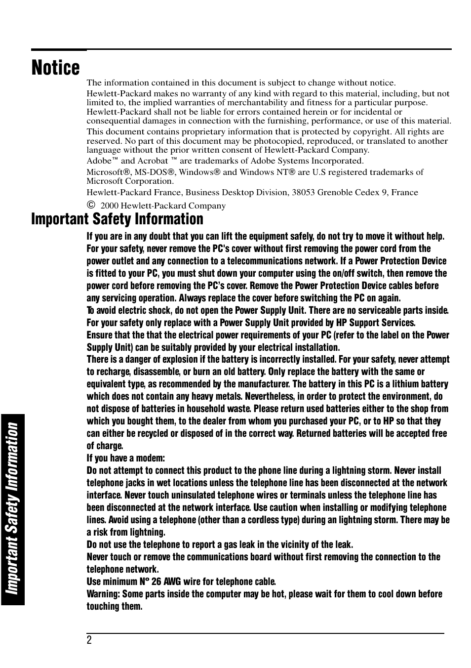 Notice, Im po rt an t s af et y in fo rm at io n, Important safety information | HP e-Vectra User Manual | Page 2 / 30